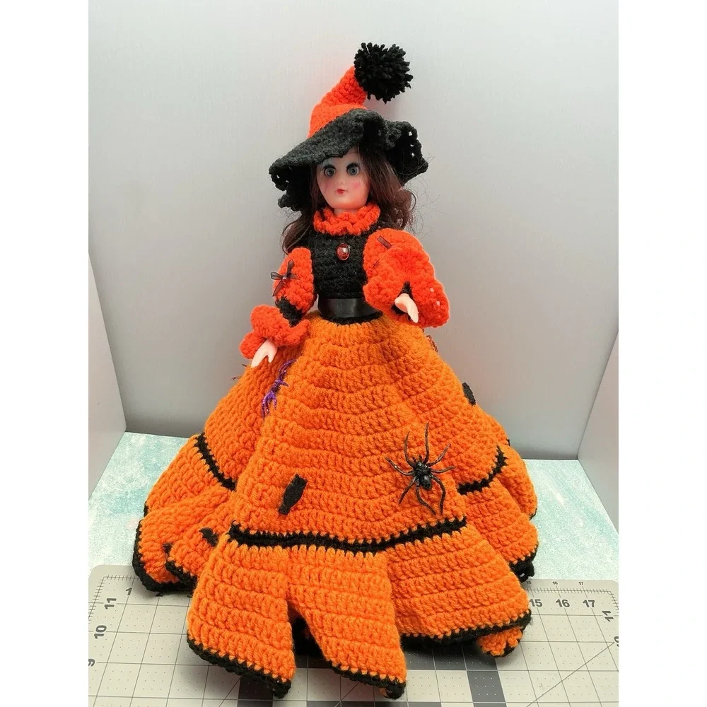 Vtg Halloween  Doll Black Hair Sleepy Eye Crochet Pumpkin Color Dress With Stand